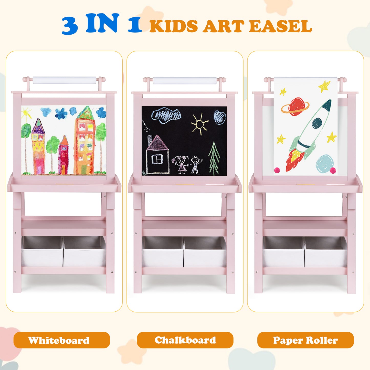 3 in 1 Kids Art Easel Double-Sided Magnetic Whiteboard Chalkboard Paper Roller, Pink