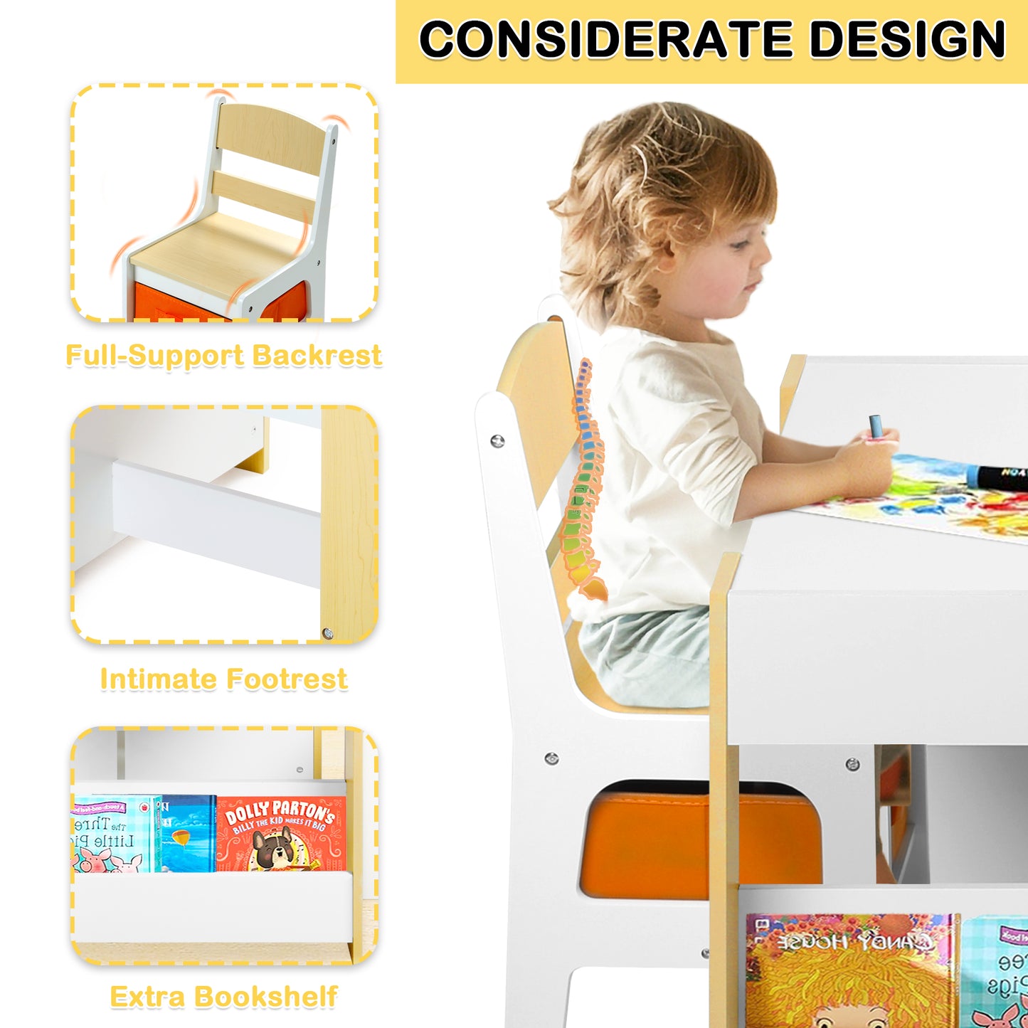 4 in 1 Kids Wood Table & 2 Chairs Set, Children Activity Table Toddler w/Storage, Natural