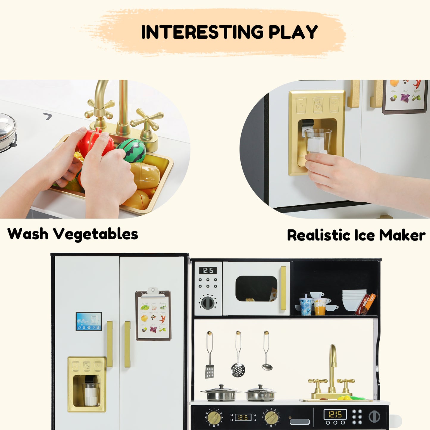 AILEEKISS Wood Kids Play Kitchen, Pretend Kitchen Playset for Children Age 3 Years up, Black