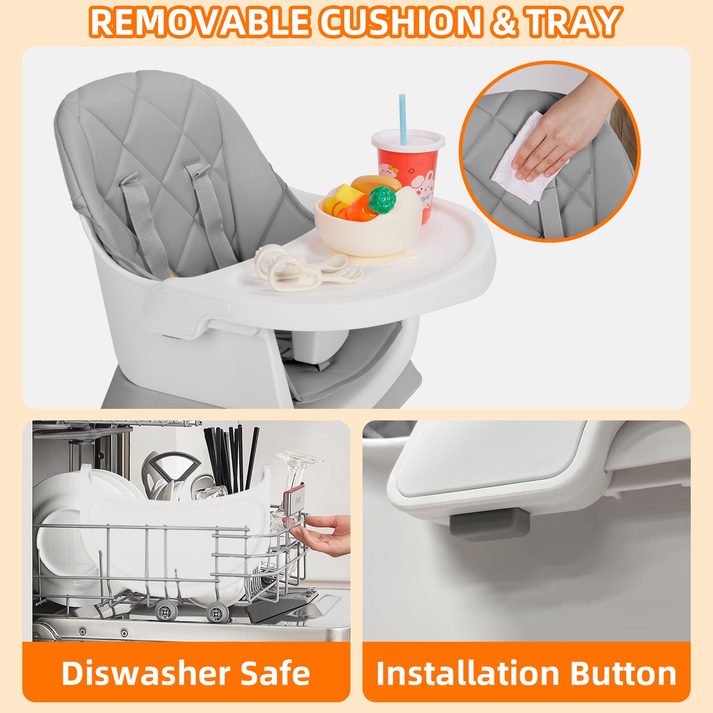 AILEEKISS 15 in 1 Baby High Chair, Toddler Dining Booster Seat w/Activity Center, Grey