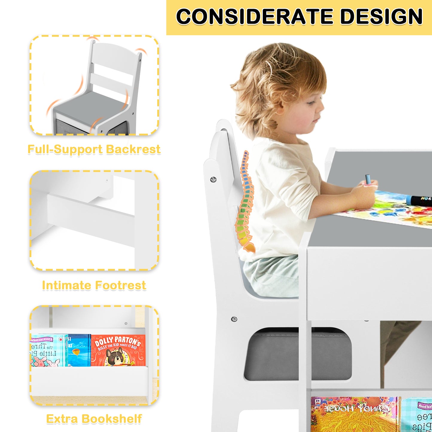 4 in 1 Kids Wood Table & 2 Chairs Set, Children Activity Table for Toddler w/Storage, Grey