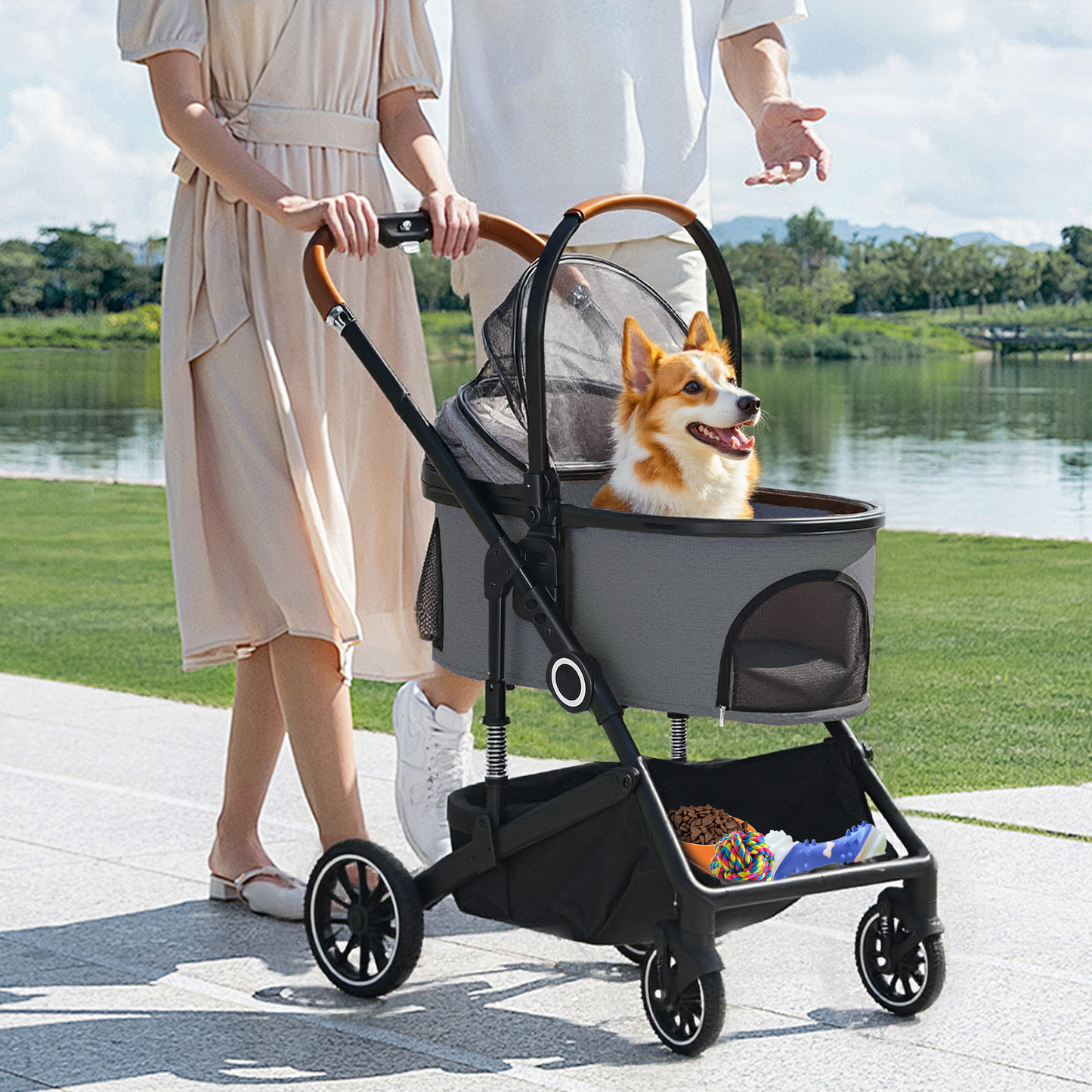 AILEEKISS 4-Wheeled Pet Stroller, Folding Cat and Dog Stroller with Brake, up to 58 lbs, Grey