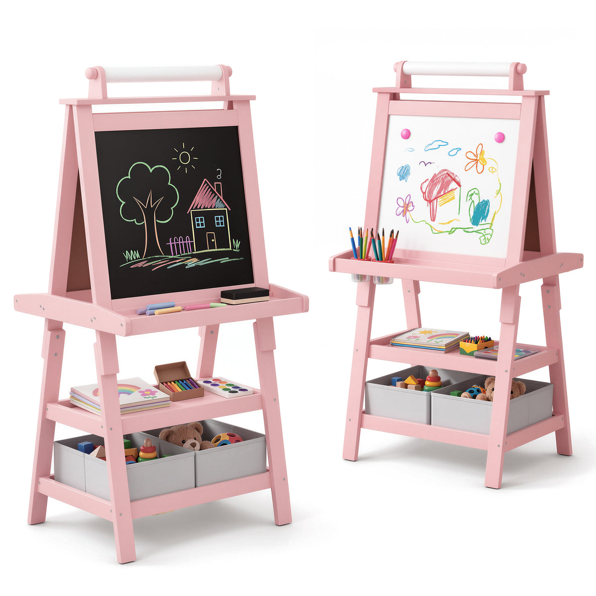 LINLUX 3 in 1 Kids Art Easel Drawing Board Double-Sided Whiteboard Chalkboard, Pink