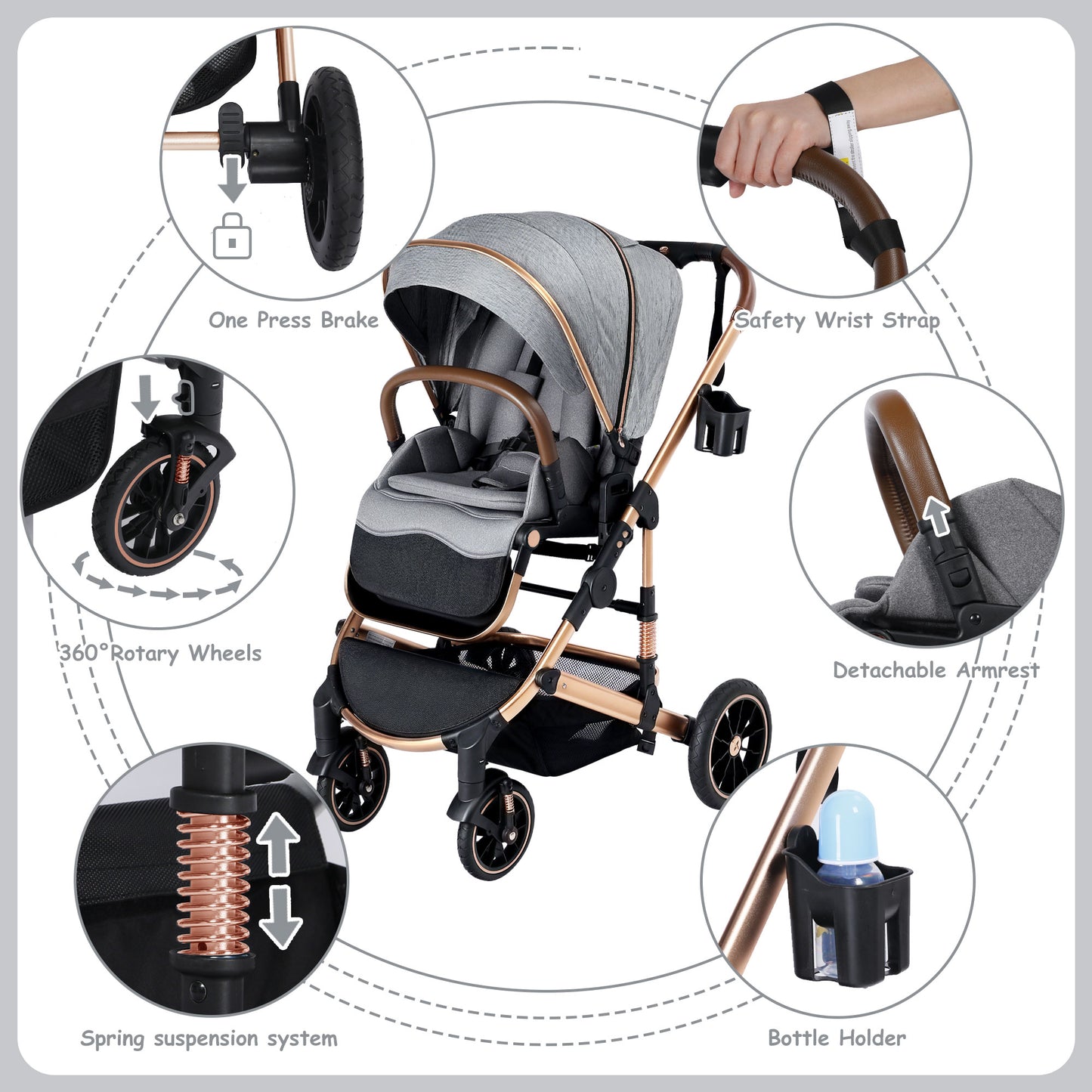 AILEEKISS Convertible Baby Stroller Folding Stroller for Toddler & Unisex Infant Carriage, Dark Grey