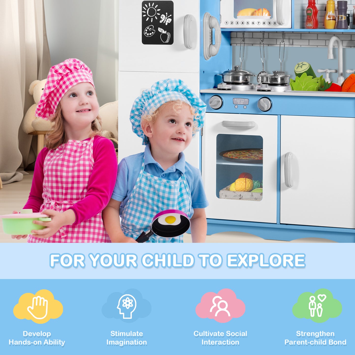AILEEKISS Kids Play Kitchen Set, Wood Kitchen Playset for Toddler with Accessories, Blue
