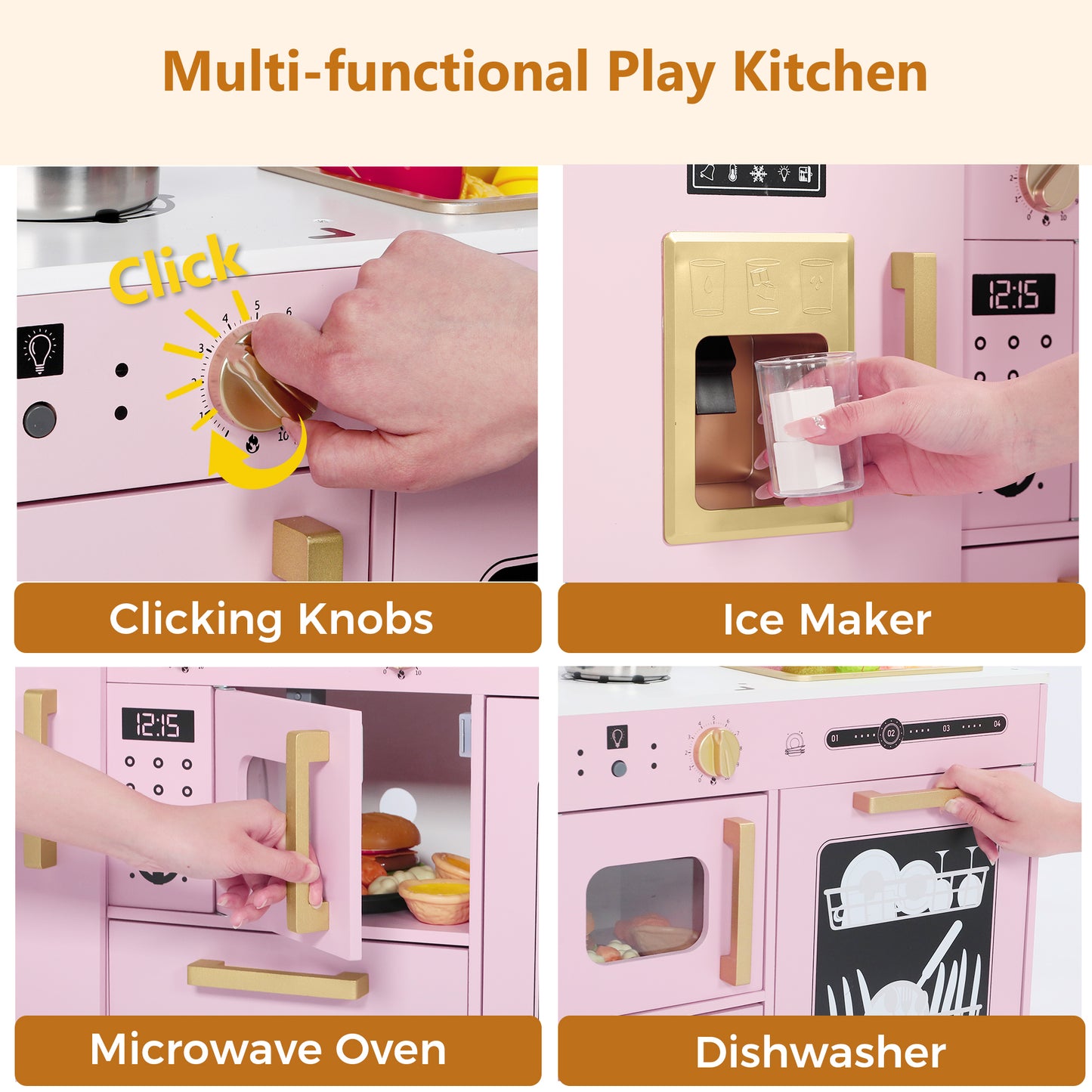 AILEEKISS Wood Kids Play Kitchen, Pretend Kitchen Playset for Children Age 3 Years up, Pink