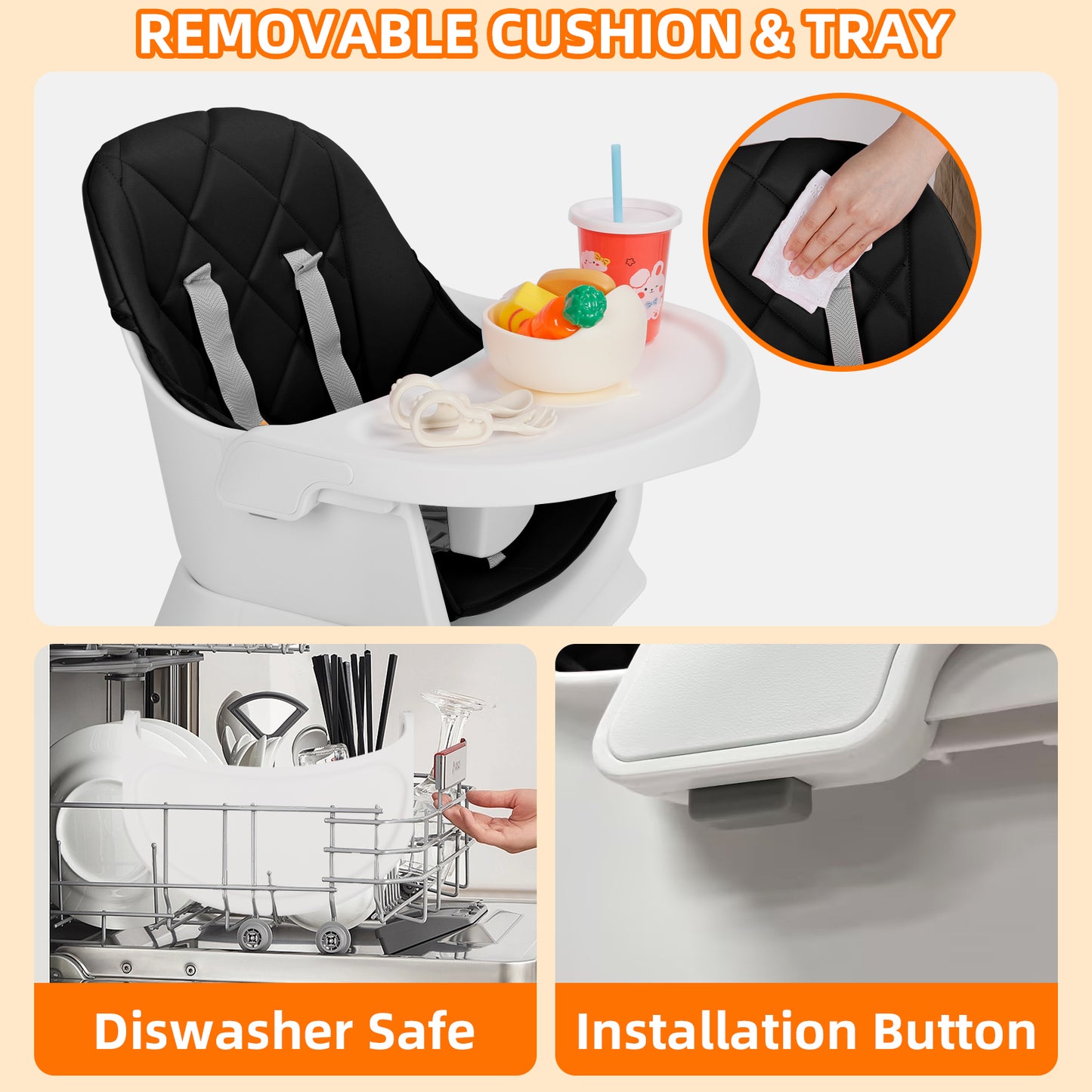 AILEEKISS 15 in 1 Baby High Chair, Toddler Dining Booster Seat w/Activity Center, Black