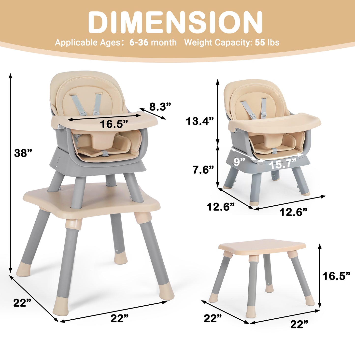 AILEEKISS 8 in 1 Baby High Chair, Toddler Dining Booster Seat for Eating, Khaki