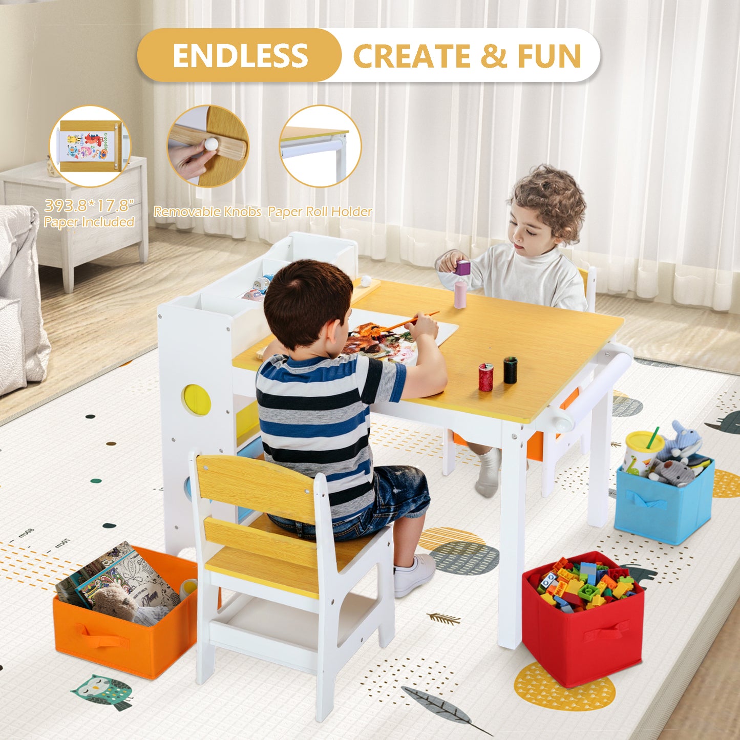 LINLUX Kids Art Table w/Easel, Kids Craft Table & Chair Set for Drawing, Child Activity Table, Natural