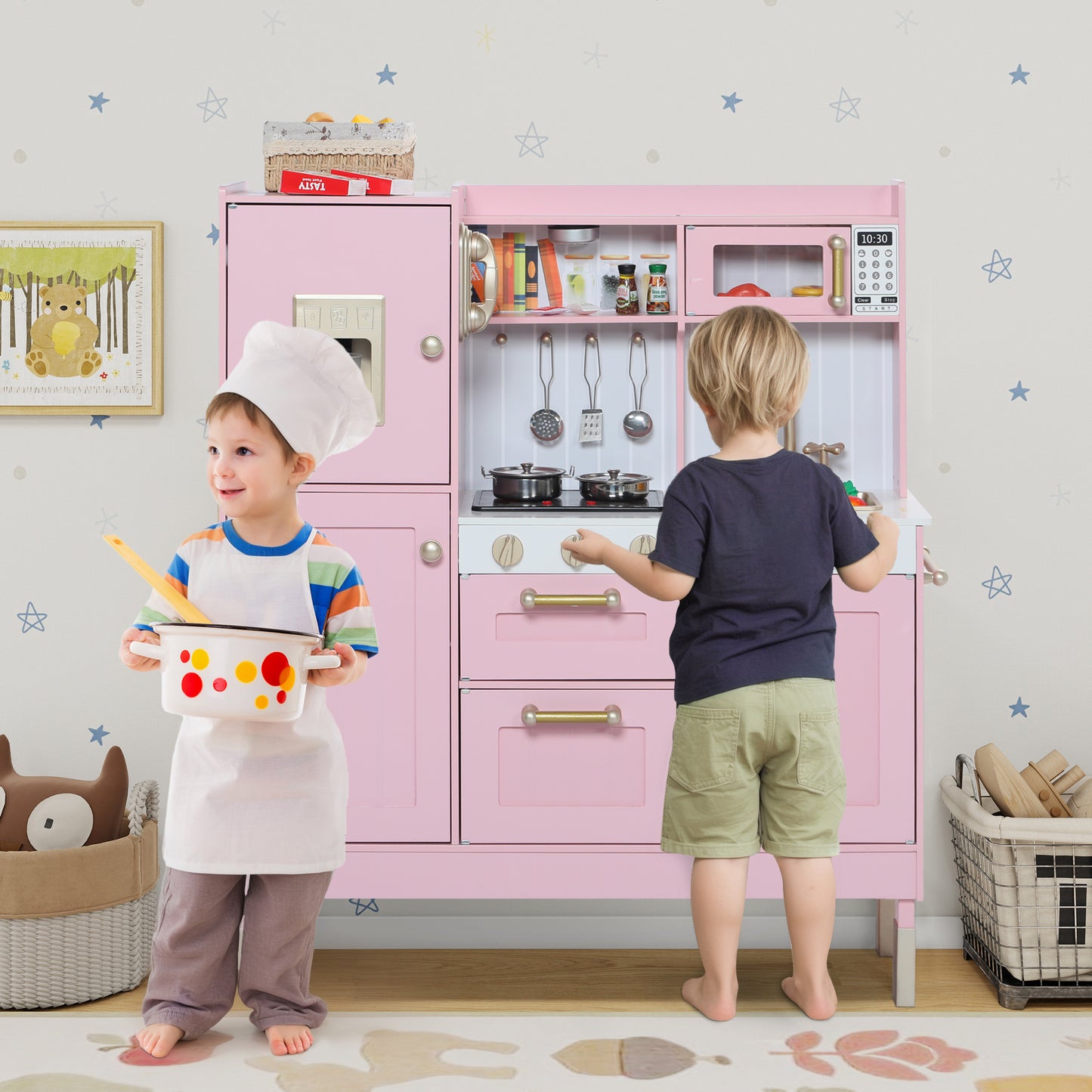 AILEEKISS Wood Kids Play Kitchen, Pretend Toy Kitchen Playset for Children with Sounds, Pink