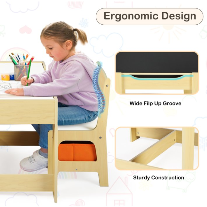 LINLUX Kids Table and 2 Chairs Set, Children Activity Table Chairs with Chalkboard/Whiteboard, Natural