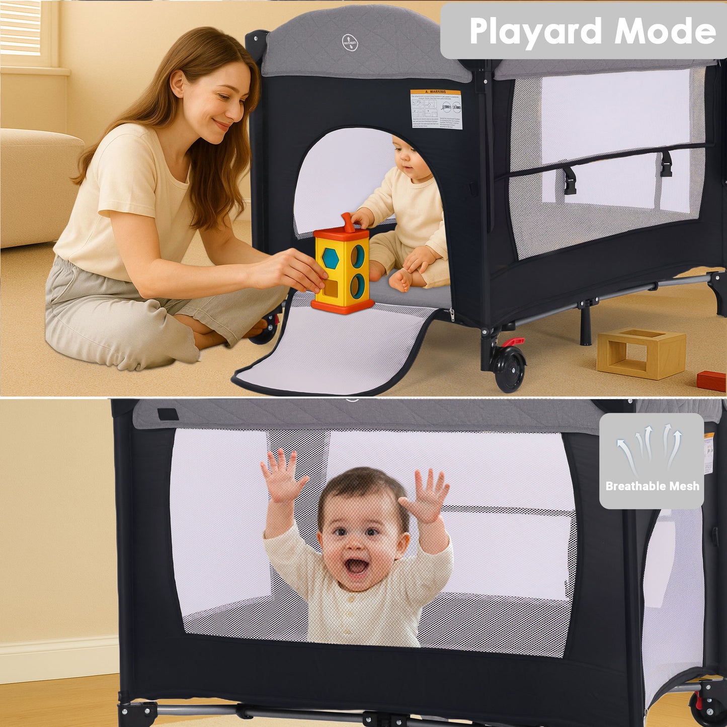 AILEEKISS 4-in-1 Portable Baby Play Yard with Changing Table for Newborn, Grey