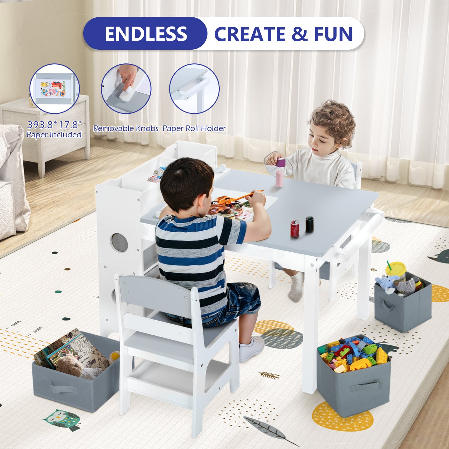LINLUX Kids Art Table w/Easel, Kids Craft Table & Chair Set for Drawing, Child Activity Table, Grey