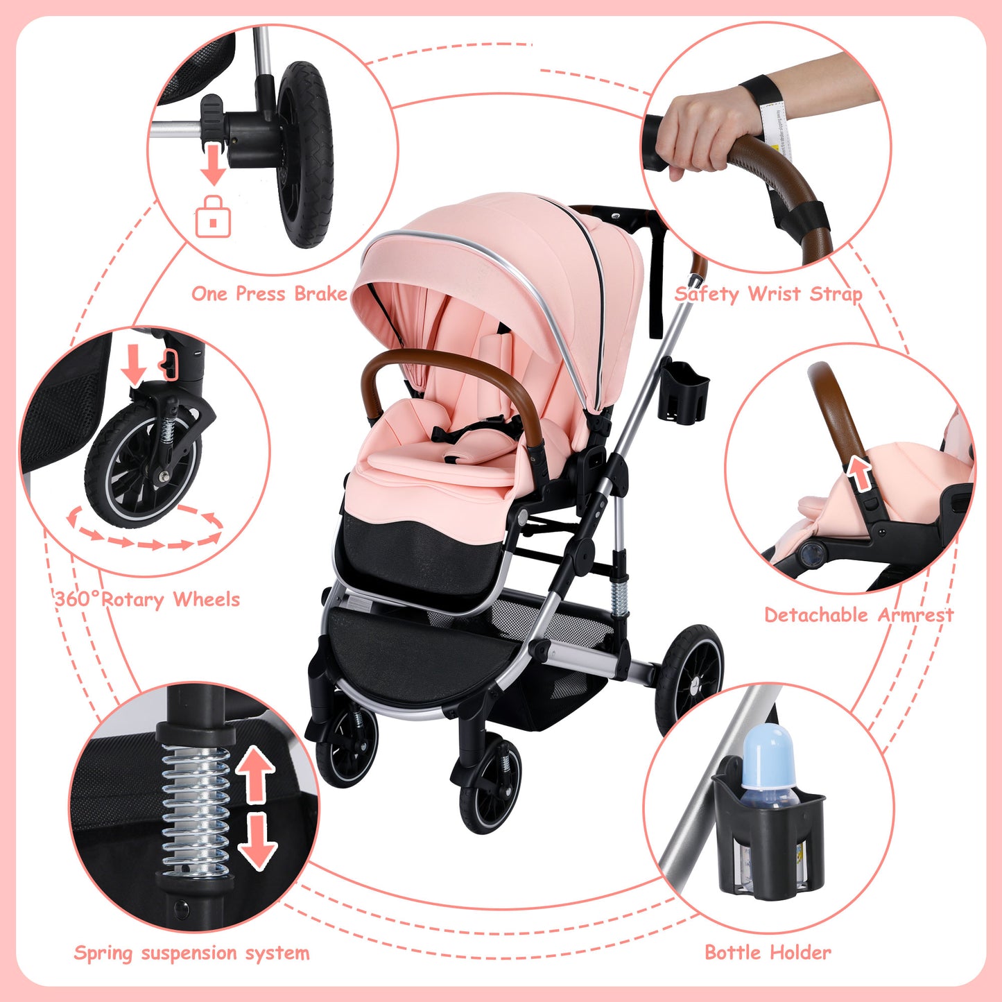 AILEEKISS Convertible Baby Stroller Folding Stroller for Toddler & Unisex Infant Carriage, Pink