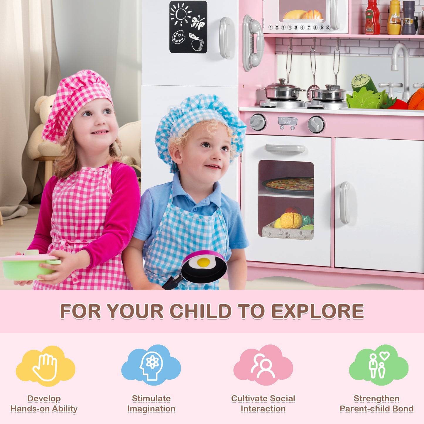 AILEEKISS Kids Play Kitchen Set, Wood Kitchen Playset for Toddler with Accessories, Pink
