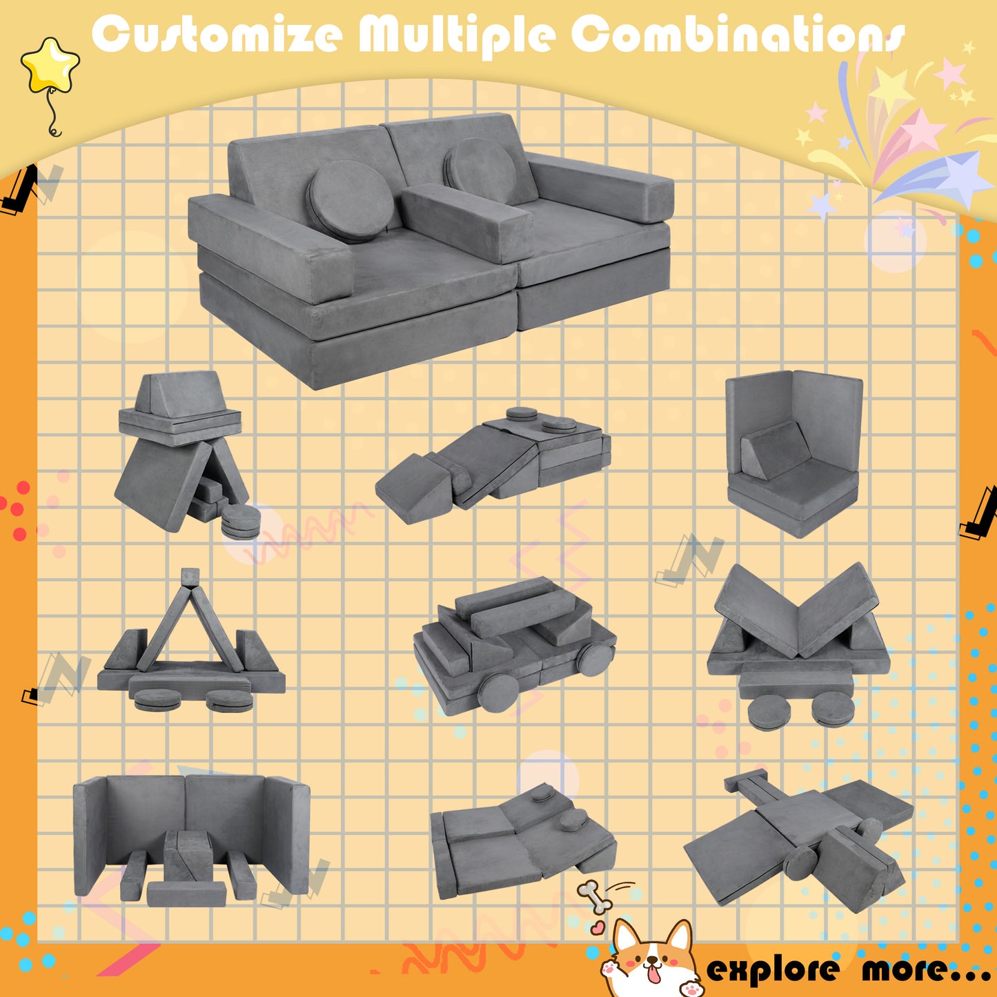 LINLUX 9 Pcs Kids Couch Sofa, Convertible Children Play Couch for Kids, Modular Sofa for Playroom