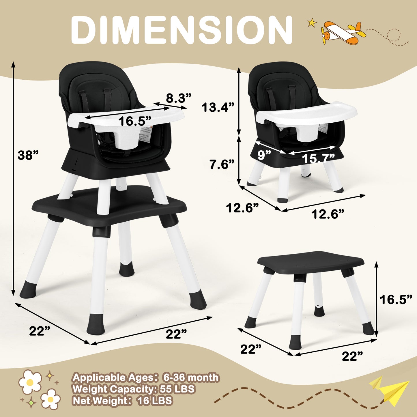 8 in 1 Baby High Chair, Toddler Dining Booster Seat for Eating, Black