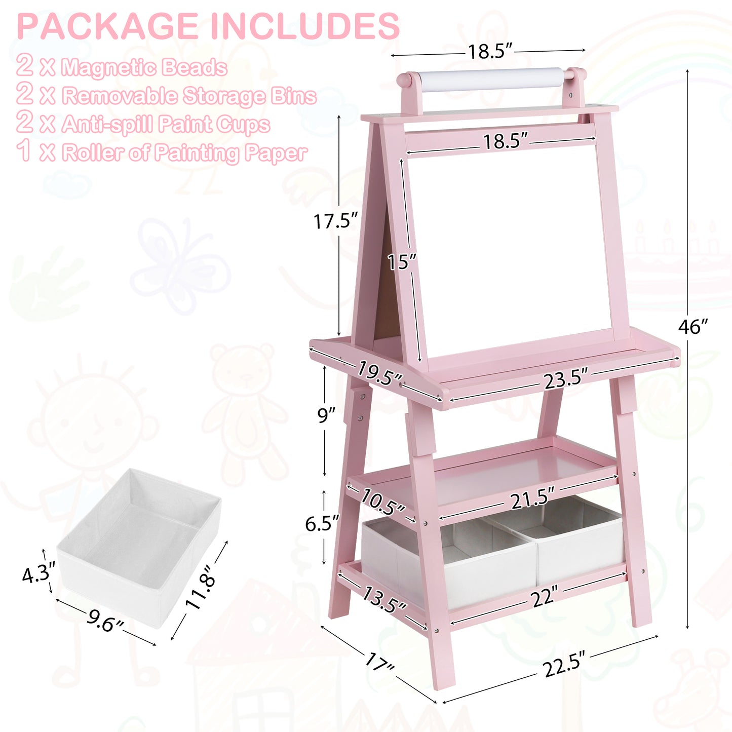 LINLUX 3 in 1 Kids Art Easel Drawing Board Double-Sided Whiteboard Chalkboard, Pink