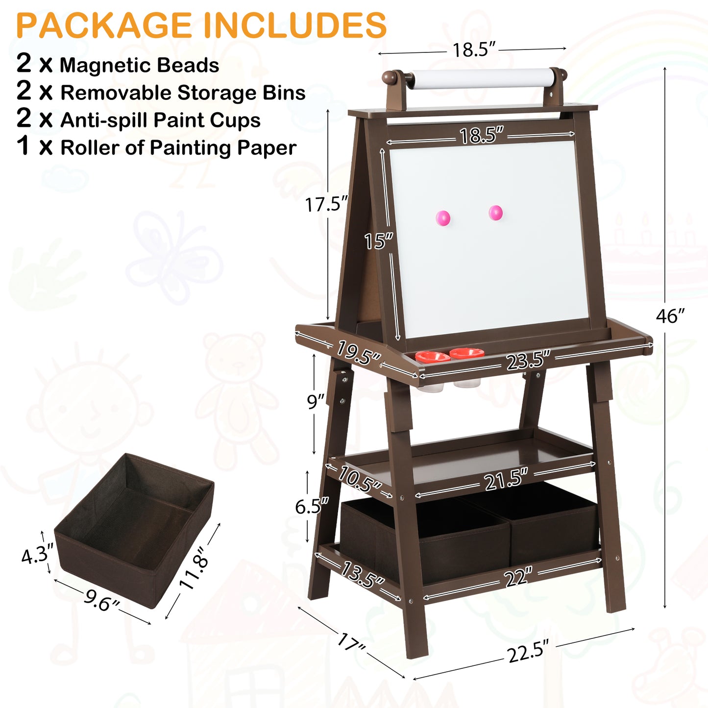 LINLUX 3 in 1 Kids Art Easel Drawing Board Double-Sided Whiteboard Chalkboard, Coffee
