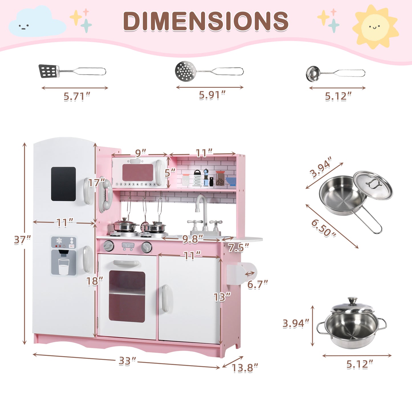 AILEEKISS Kids Play Kitchen Set, Wood Kitchen Playset for Toddler with Accessories, Pink