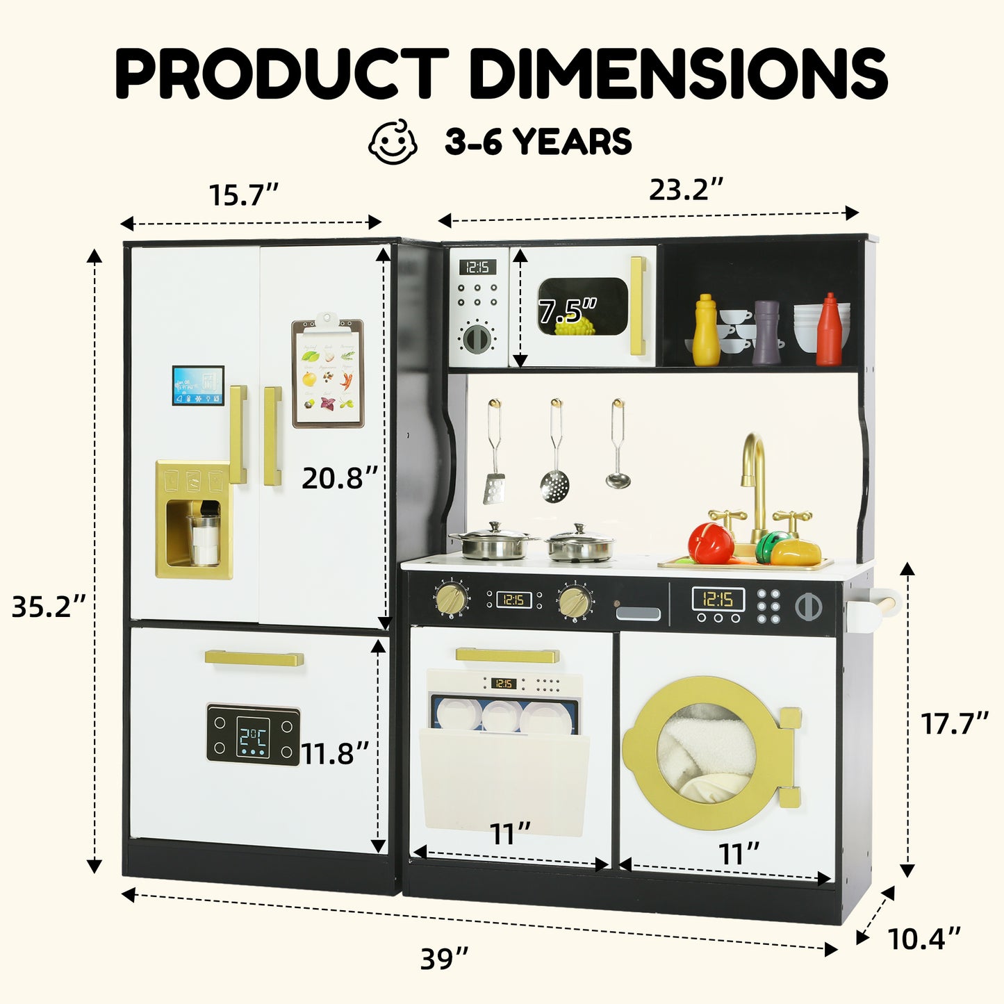AILEEKISS Wood Kids Play Kitchen, Pretend Kitchen Playset for Children Age 3 Years up, Black