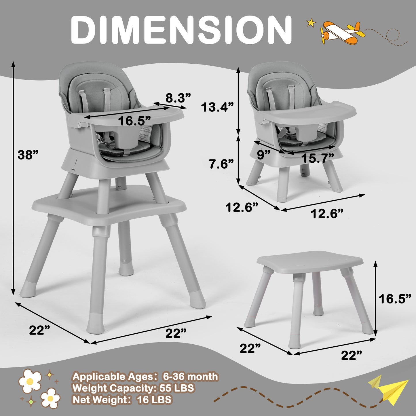 8 in 1 Baby High Chair, Toddler Dining Booster Seat for Eating, Light grey