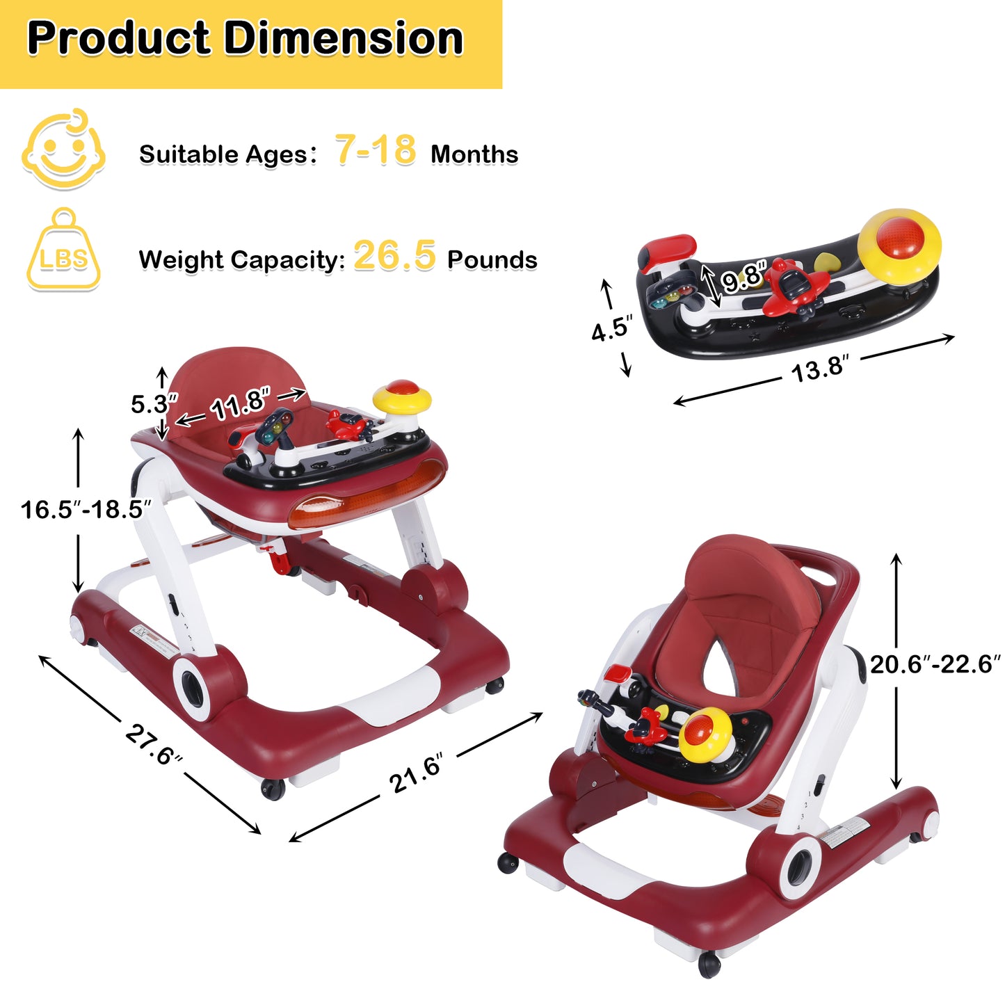 AILEEKISS Baby Walker Activity Center, 5 in 1 Toddler Push Walker Bouncer Combo for Boys Girls, Red