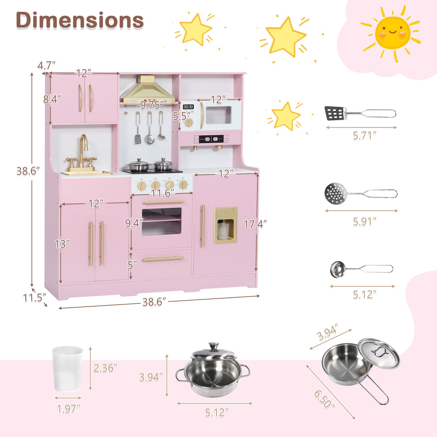 AILEEKISS Wood Kids Play Kitchen, Pretend Kitchen Playset for Children Age 3 Years up, Pink