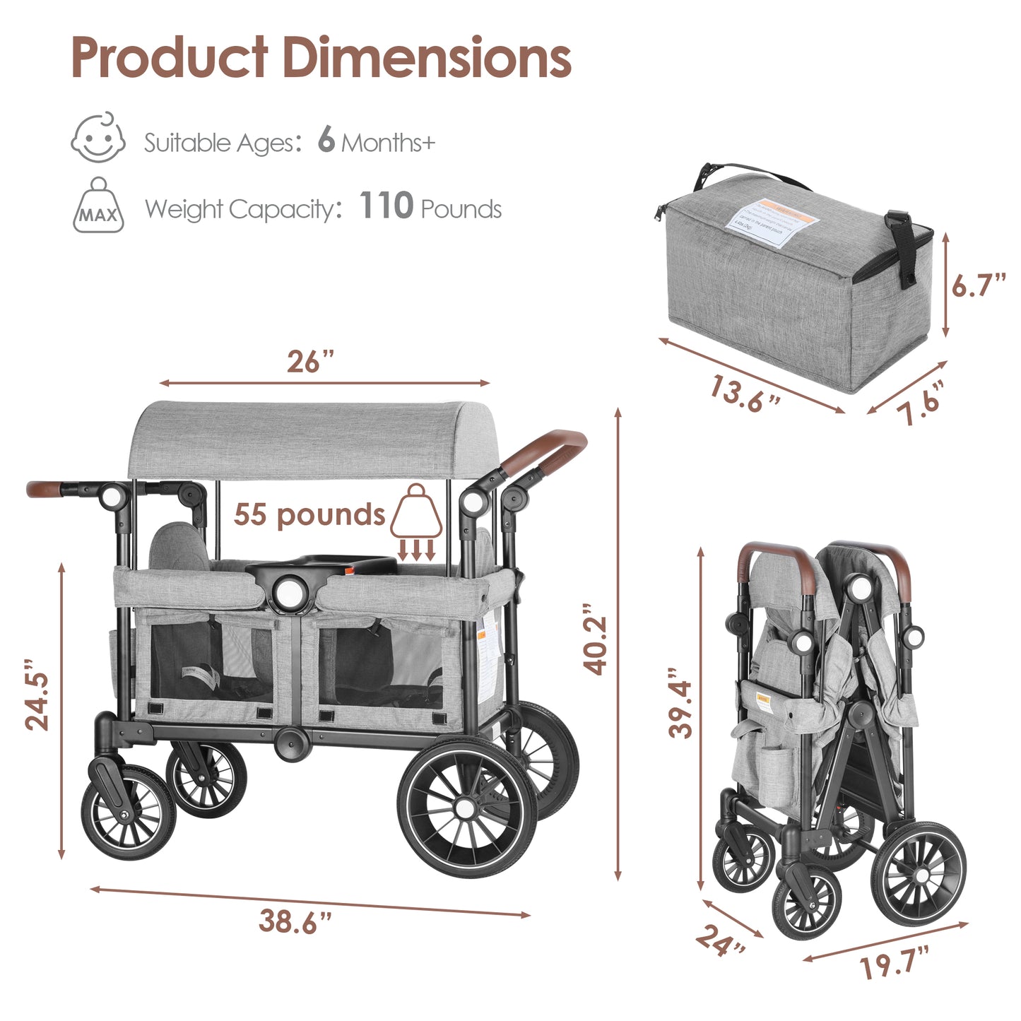 AILEEKISS Collapsible Wagon Stroller for 2 Toddlers with Adjustable Canopy, 44 Pounds, Grey