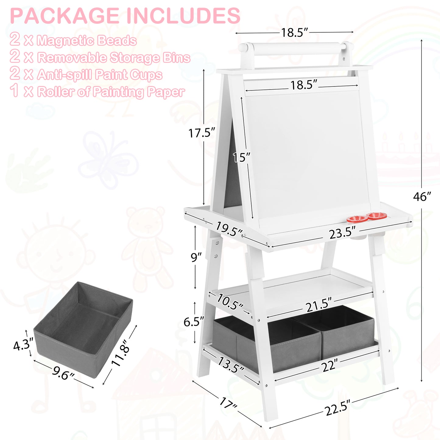 LINLUX 3 in 1 Kids Art Easel Drawing Board Double-Sided Whiteboard Chalkboard, White