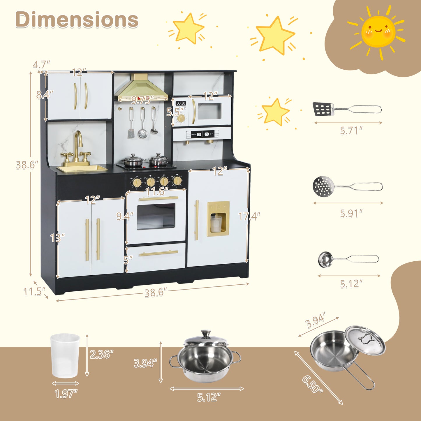 AILEEKISS Wood Kids Play Kitchen, Pretend Kitchen Playset for Children Age 3 Years up, Black