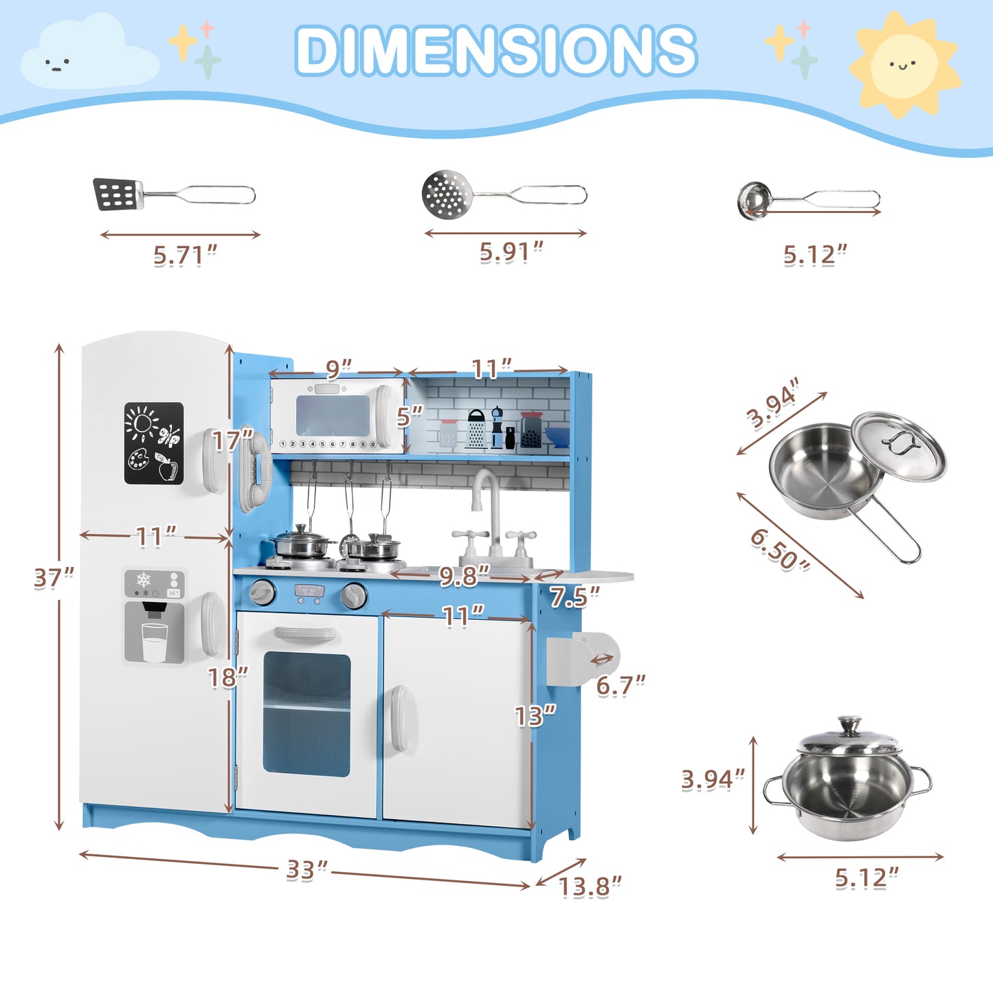 AILEEKISS Kids Play Kitchen Set, Wood Kitchen Playset for Toddler with Accessories, Blue