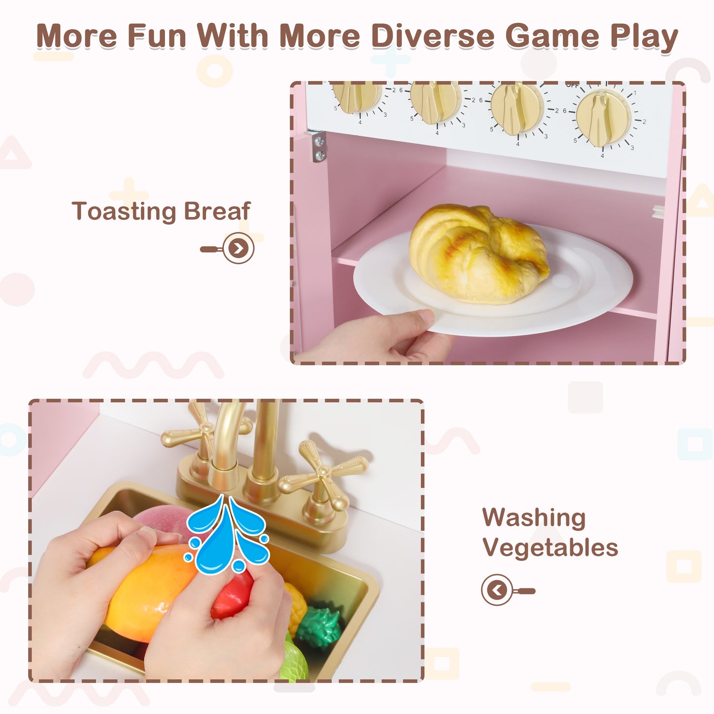 AILEEKISS Wood Kids Play Kitchen, Pretend Kitchen Playset for Children Age 3 Years up, Pink