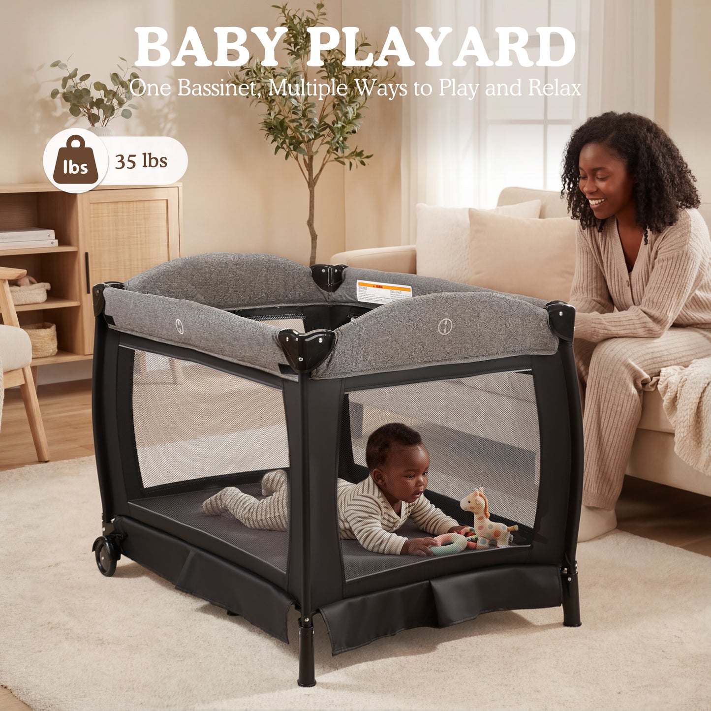 AILEEKISS 3-in-1 Foldable Baby Playard with Bassinet and Changing Table for Newborn, Black