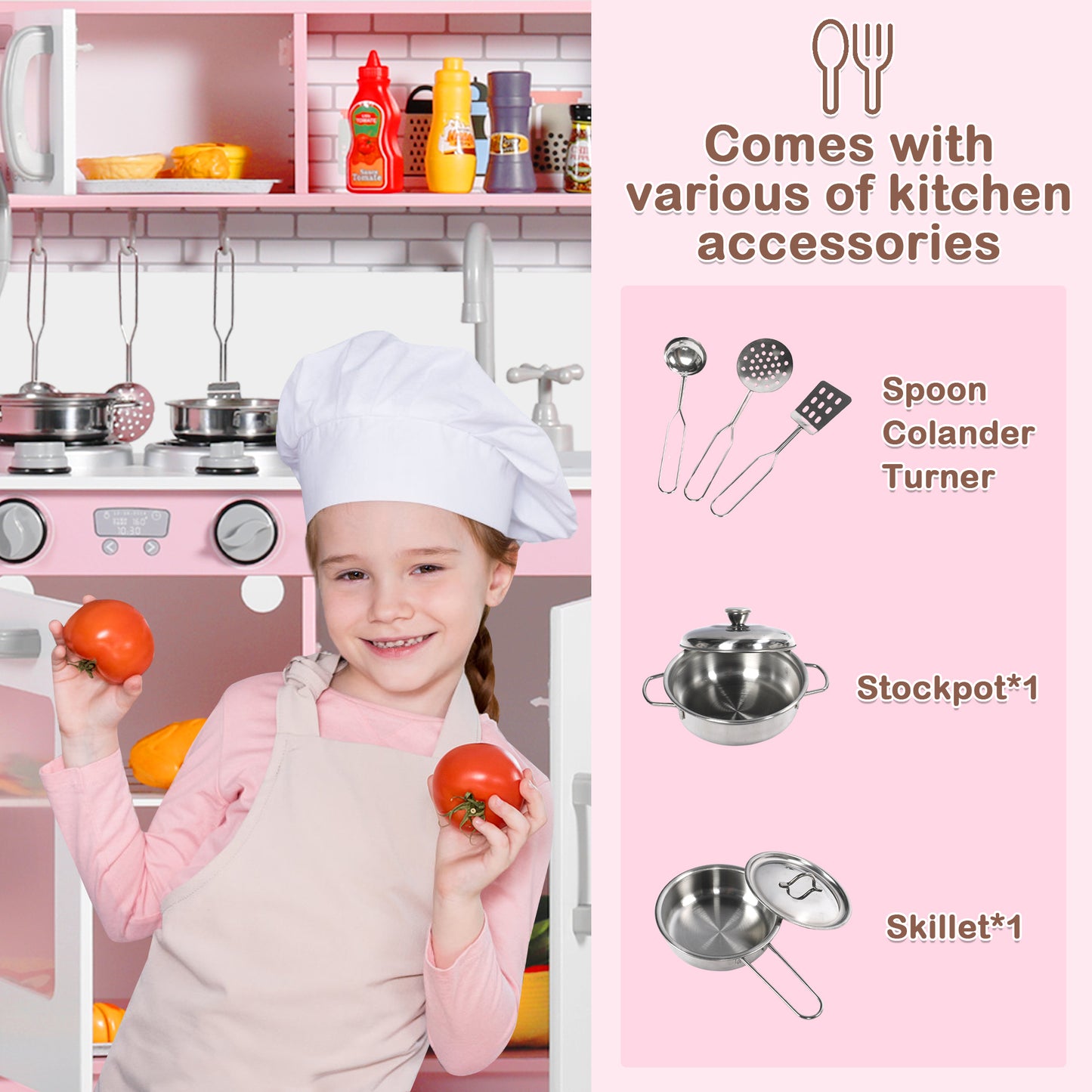 AILEEKISS Kids Play Kitchen Set, Wood Kitchen Playset for Toddler with Accessories, Pink