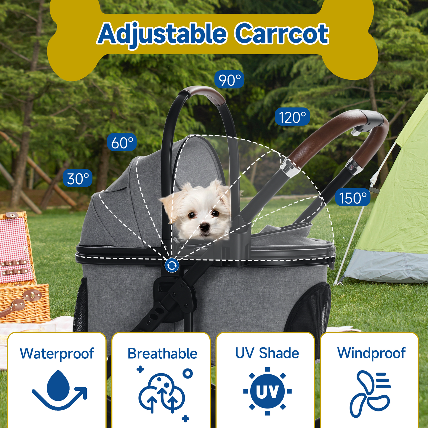 AILEEKISS 4-Wheeled Pet Stroller, Folding Cat and Dog Stroller with Brake, up to 58 lbs, Grey