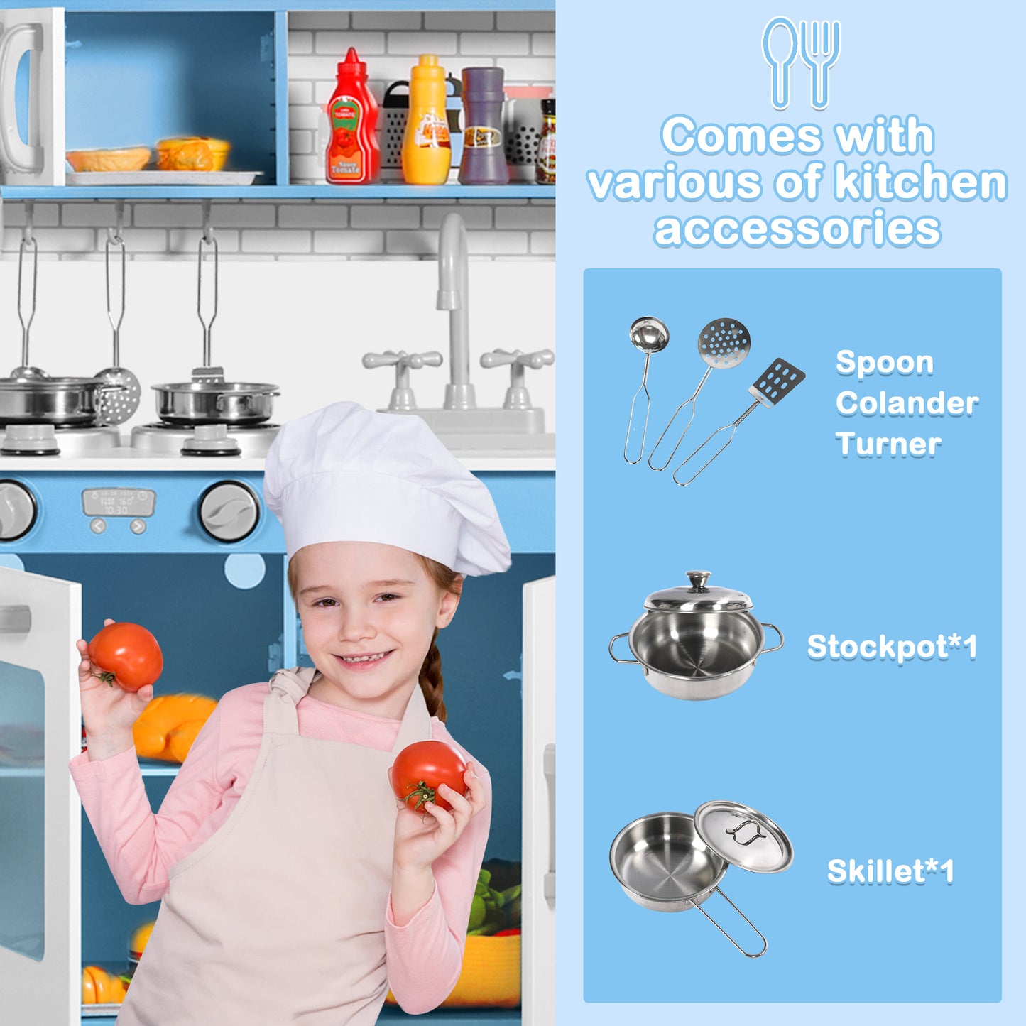 AILEEKISS Kids Play Kitchen Set, Wood Kitchen Playset for Toddler with Accessories, Blue