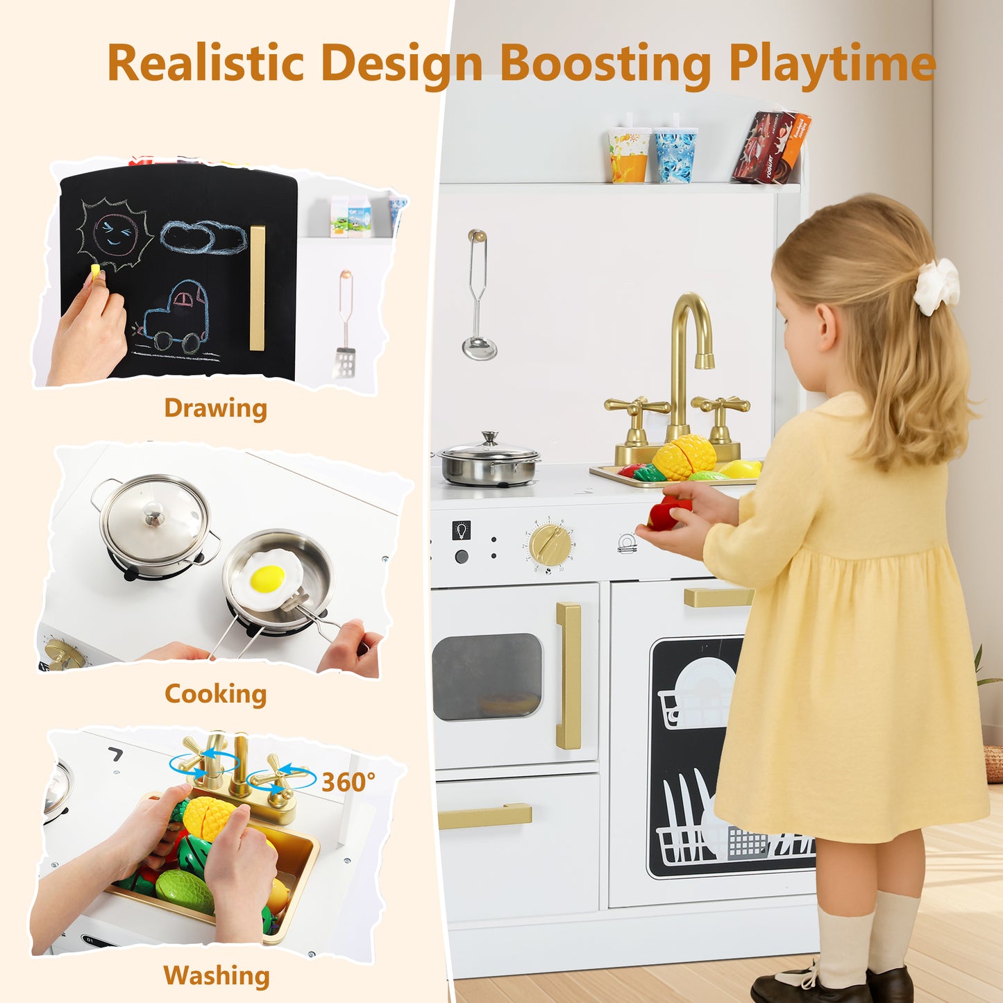 AILEEKISS Wood Kids Play Kitchen, Pretend Kitchen Playset for Children Age 3 Years up, White