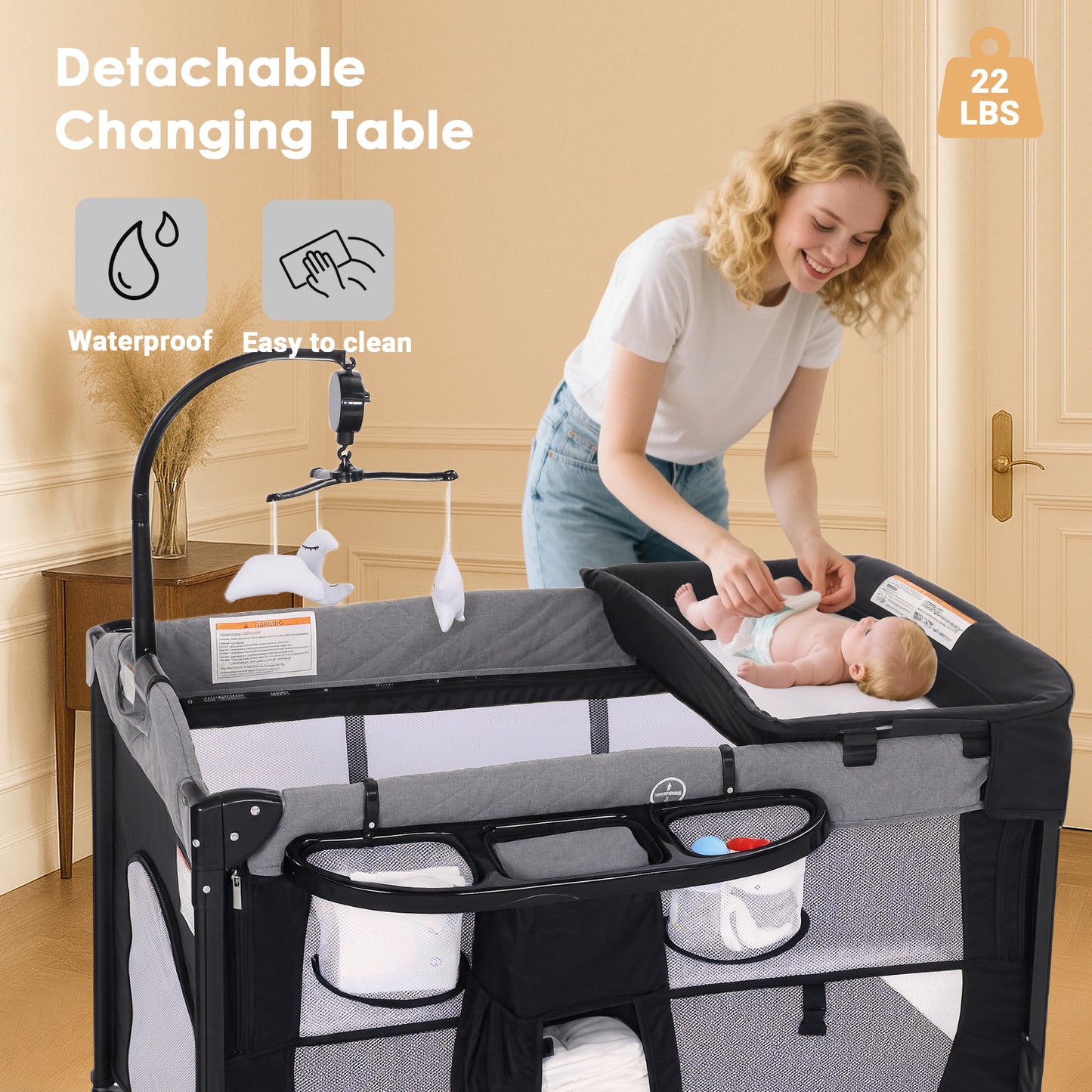 AILEEKISS 4-in-1 Portable Baby Play Yard with Changing Table for Newborn, Grey