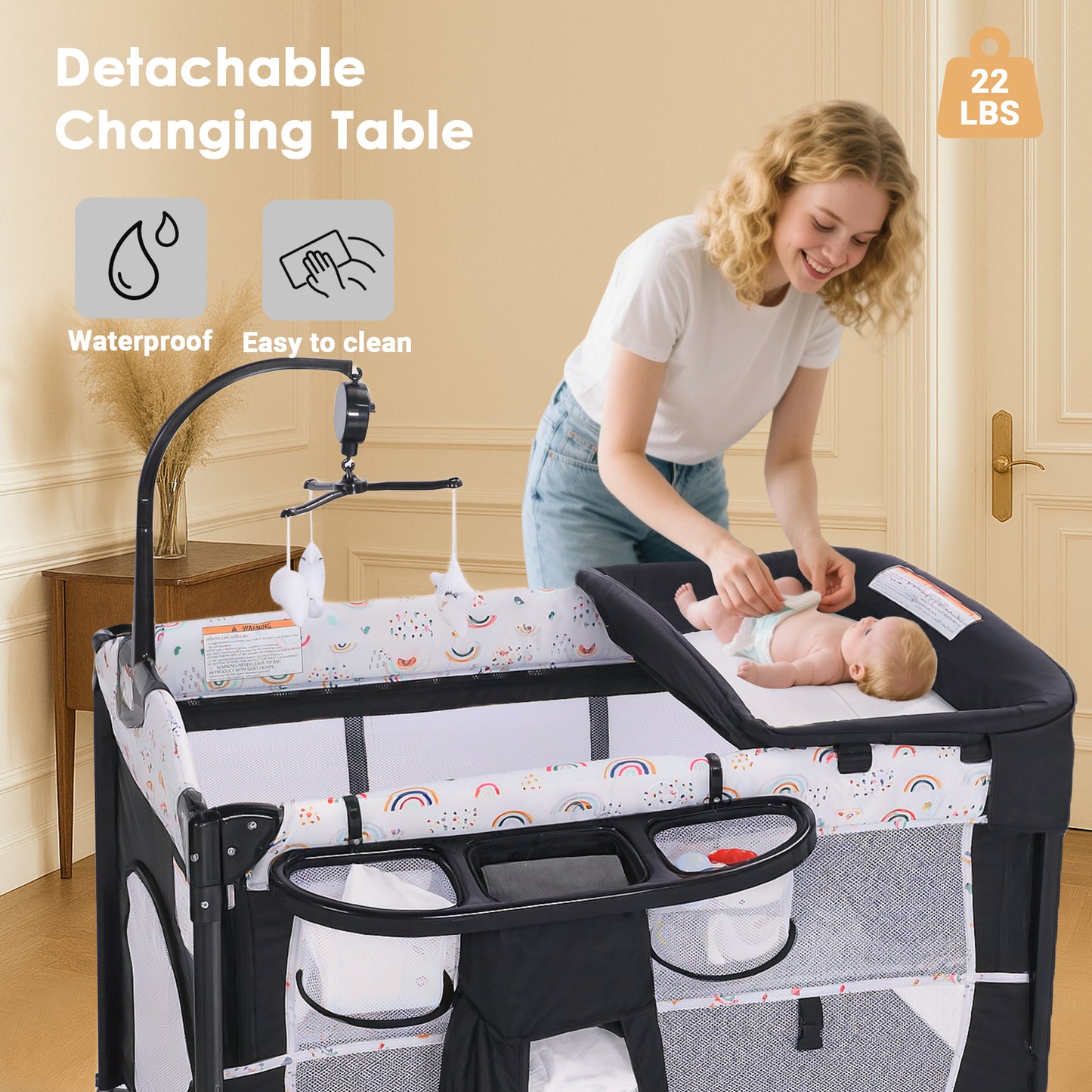 AILEEKISS 4-in-1 Portable Baby Play Yard with Changing Table for Newborn, Multicolor
