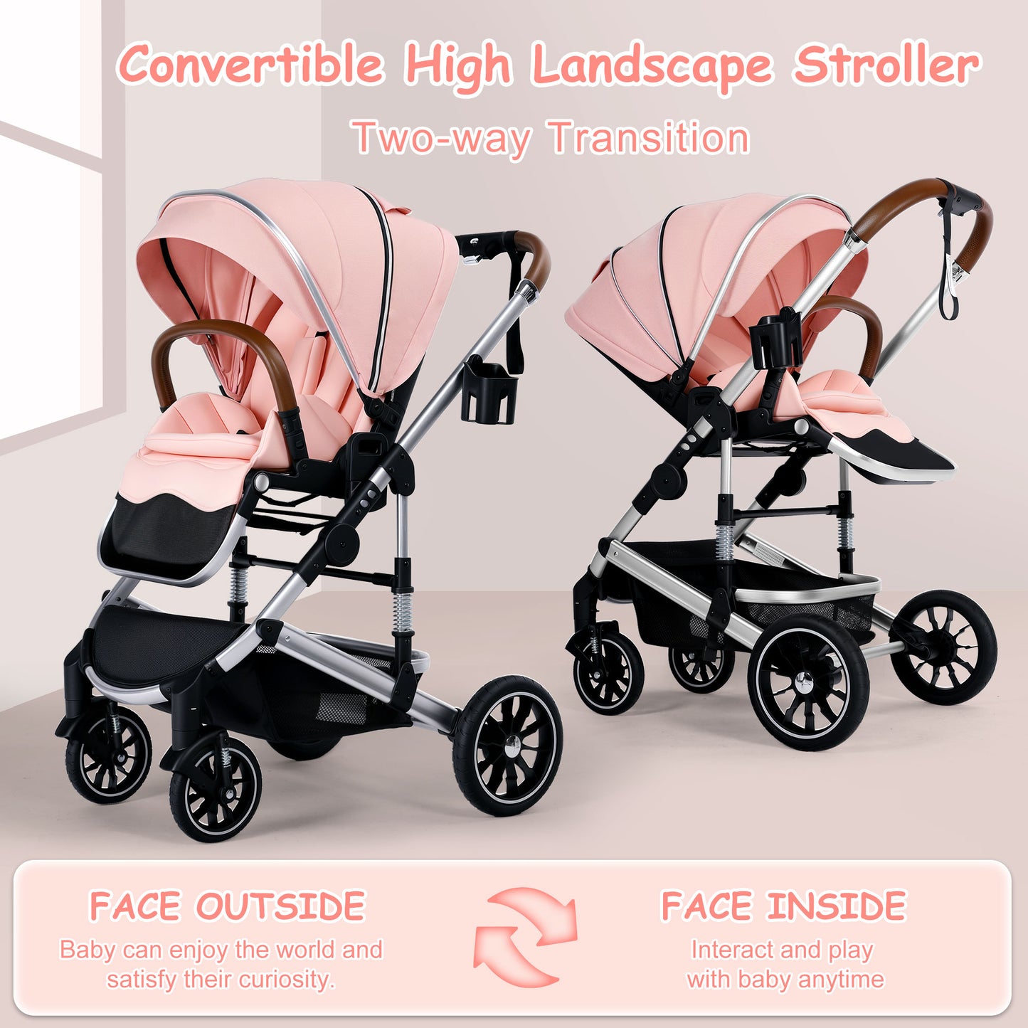 AILEEKISS Convertible Baby Stroller Folding Stroller for Toddler & Unisex Infant Carriage, Pink