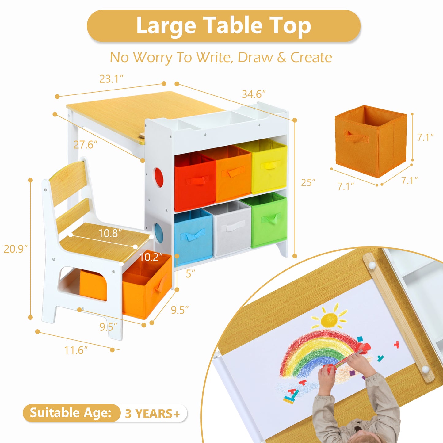 LINLUX Kids Art Table w/Easel, Kids Craft Table & Chair Set for Drawing, Child Activity Table, Natural