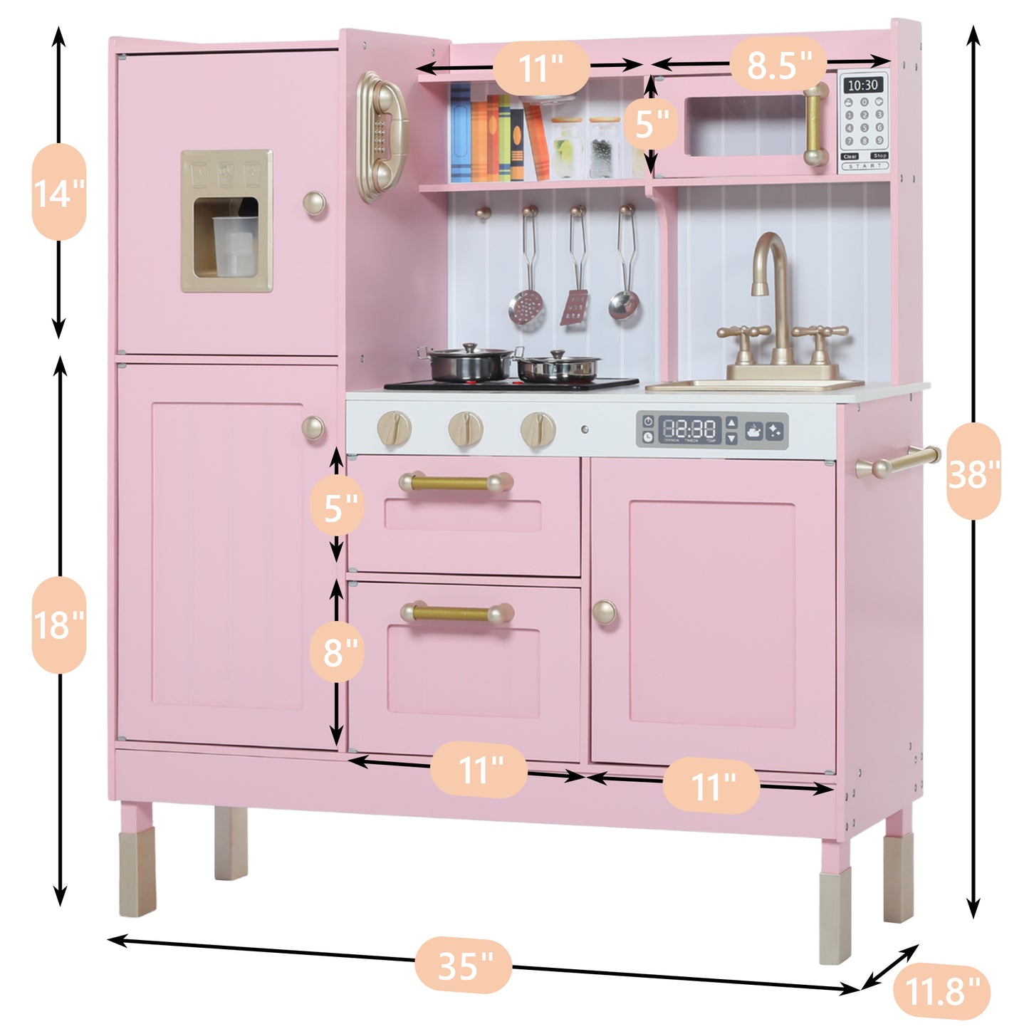 AILEEKISS Wood Kids Play Kitchen, Pretend Toy Kitchen Playset for Children with Sounds, Pink
