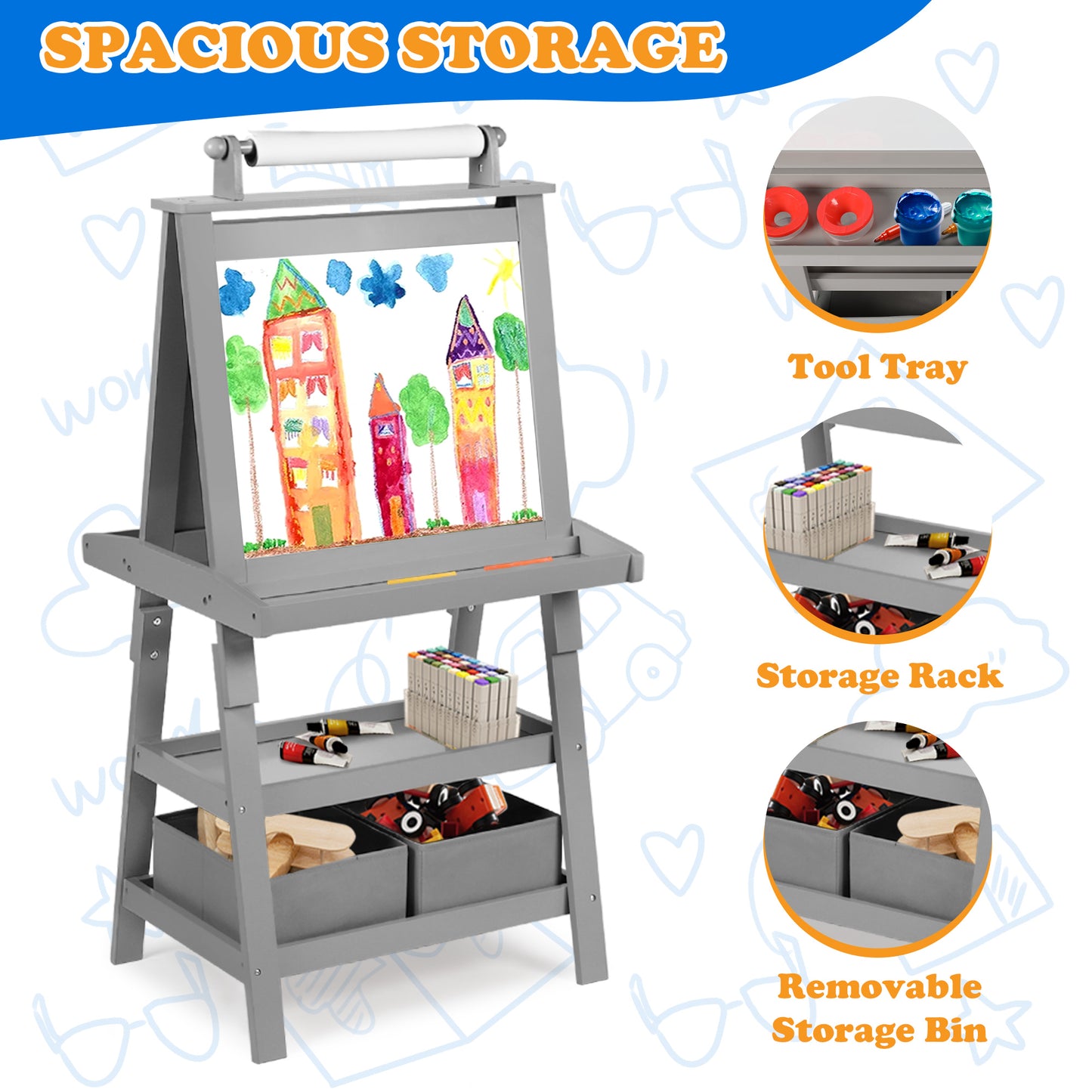 3 in 1 Kids Art Easel Double-Sided Magnetic Whiteboard Chalkboard Paper Roller, Grey