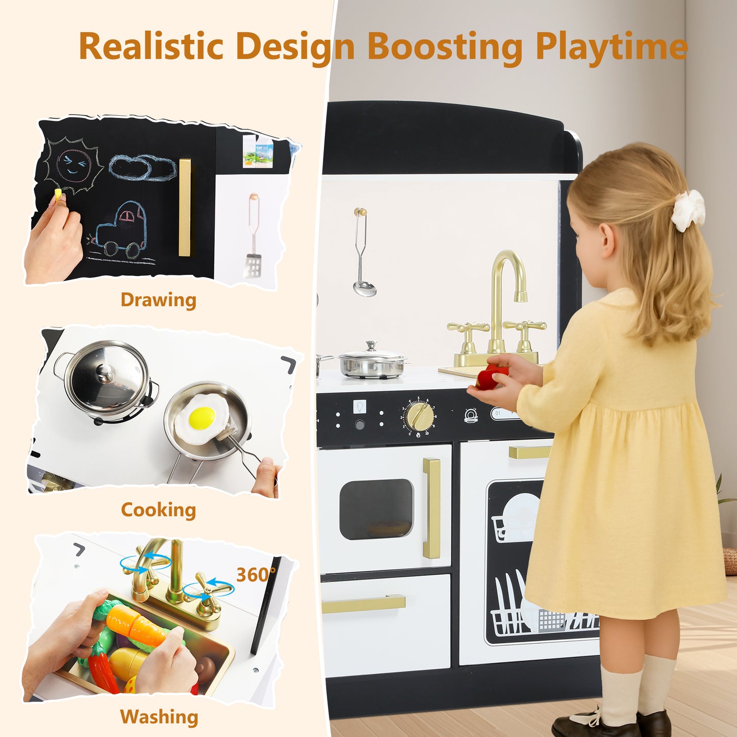 AILEEKISS Wood Kids Play Kitchen, Pretend Kitchen Playset for Children Age 3 Years up, Black