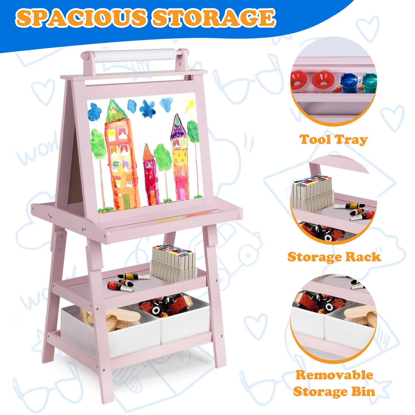 3 in 1 Kids Art Easel Double-Sided Magnetic Whiteboard Chalkboard Paper Roller, Pink
