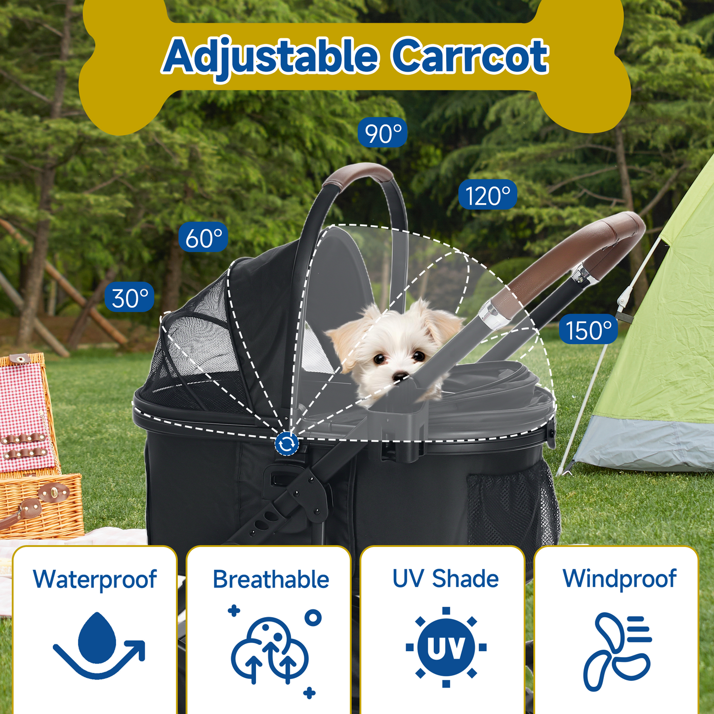 AILEEKISS 4-Wheeled Pet Stroller, Folding Cat and Dog Stroller with Brake, Up to 58 LBS, Black