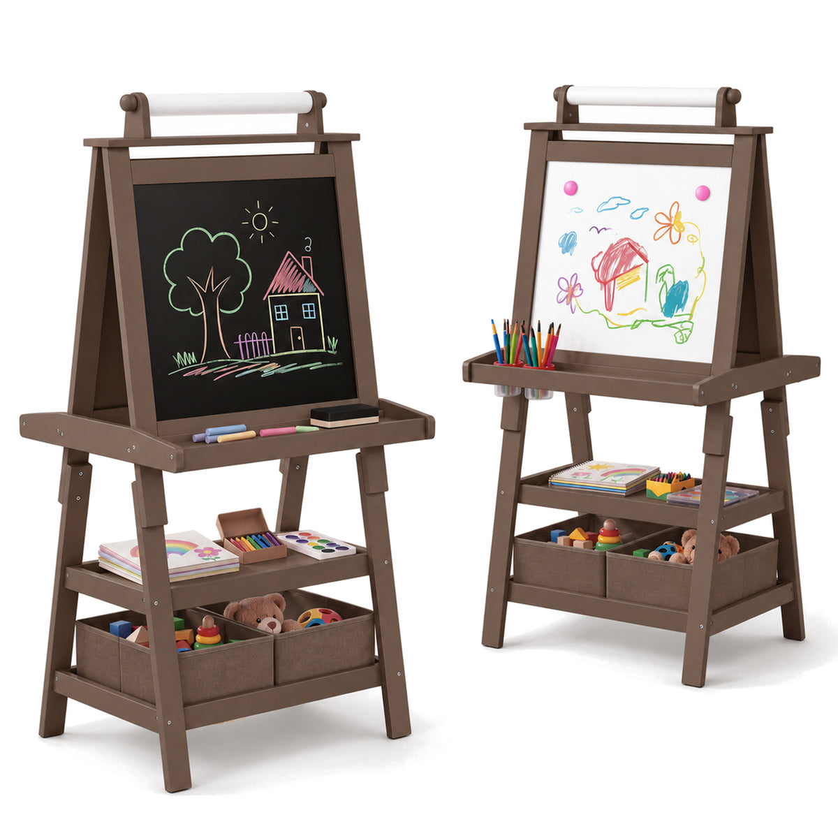 LINLUX 3 in 1 Kids Art Easel Drawing Board Double-Sided Whiteboard Chalkboard, Coffee