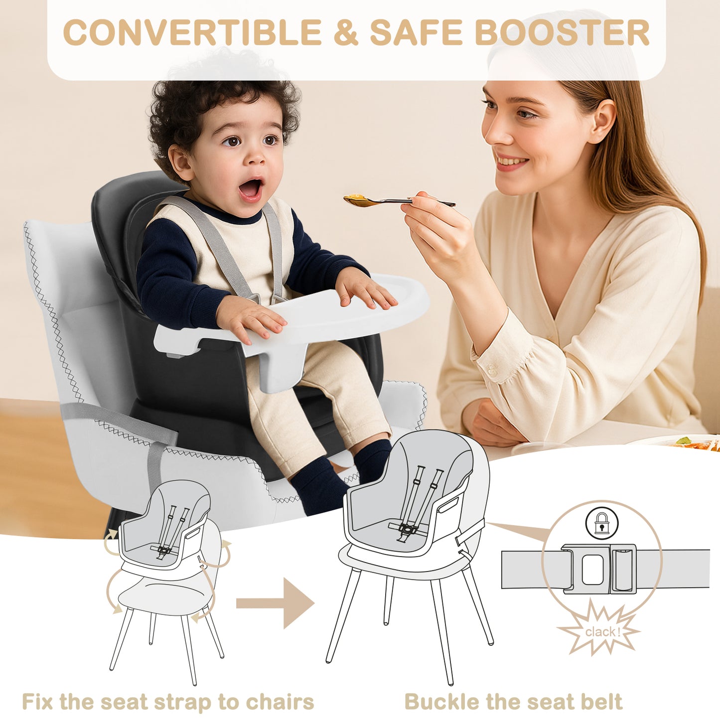 AILEEKISS 8 in 1 Baby High Chair, Toddler Dining Booster Seat for Eating, Black