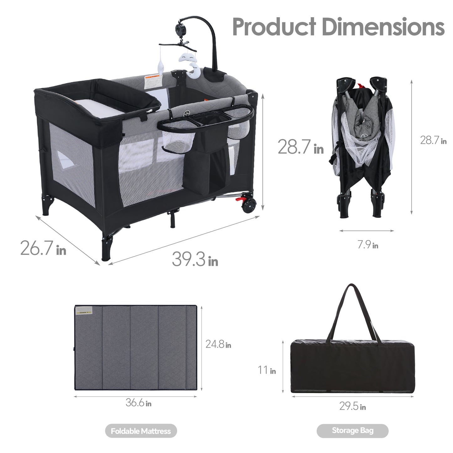 AILEEKISS 4-in-1 Portable Baby Play Yard with Changing Table for Newborn, Grey